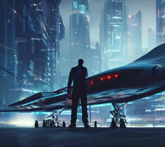 Prompt: man stands beside futuristic sci fi jet landed at runway of cyberpunk city, night photo ,dark cinematic lighting , digital concept art