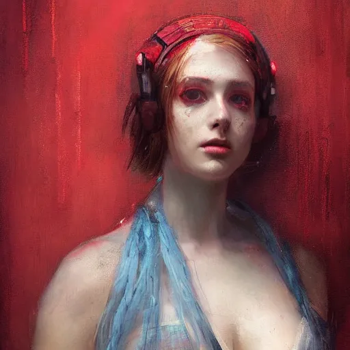 Image similar to Solomon Joseph Solomon and Richard Schmid and Jeremy Lipking victorian genre painting portrait painting of a young beautiful woman android cyberpunk future hacker punk rock in fantasy costume, red background