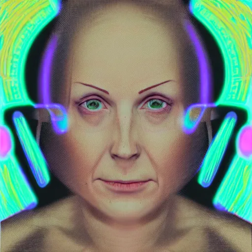 Prompt: portrait of emma wattson undergoing cybernetic mind ascension