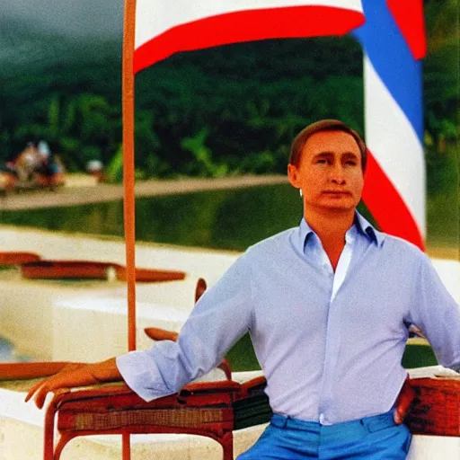 Prompt: Vladmir Putin enjoying the summer in cuba, photo made by Slim Aarons, award winning,