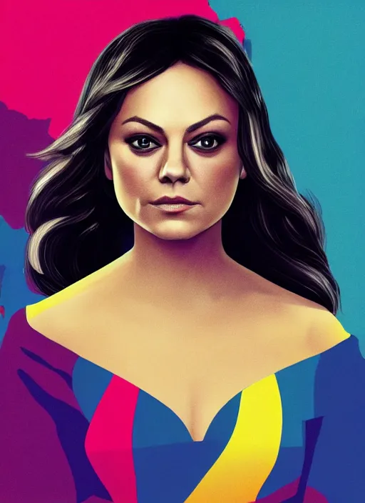 Prompt: mogul, mila kunis portrays first lady melania trump, 8 0's movie poster, theatrical poster, vibrant fan art, digital art, trending on artstation, minimalist