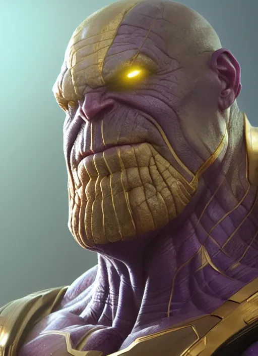 Image similar to thanos, au naturel, hyper detailed, digital art, trending in artstation, cinematic lighting, studio quality, smooth render, unreal engine 5 rendered, octane rendered, art style by klimt and nixeu and ian sprigger and wlop and krenz cushart