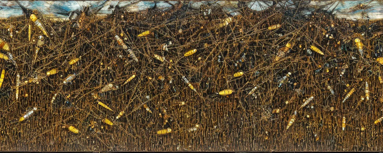 Image similar to strange giant insects, beetles and flies, swarming in a cornfield, oil painting by max ernst and anselm kiefer, decay, mixed media, textured, sharp focus, highly detailed, photographic emulsion cracked and peeling, rust, cinematic lighting, 8 k, hd