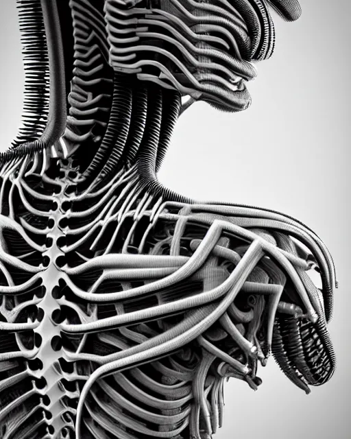 Image similar to mythical black and white organic biomechanical spinal ribbed face portrait detail of mechanical beautiful female vegetal-cyborg, highly detailed, intricate ornate, poetic, 3D render, digital art, octane render, 8K artistic photography, photo-realistic, by Man Ray