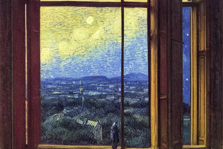 Image similar to a person looking from a window of a colony station in Jupiter, colorful, beautiful, national geographic, very detailed, astrophotography, oil painting, canvas, Vincent van Gogh, Caspar David Friedrich, Theodor Kittelsen, Albert Bierstadt