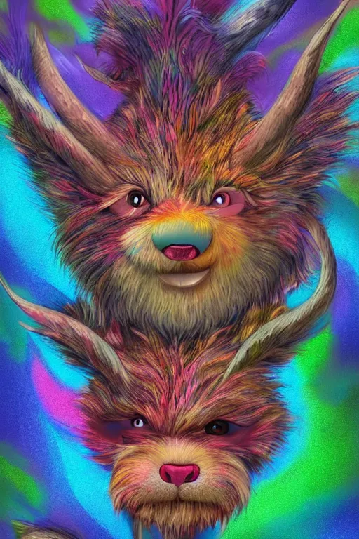 Prompt: a highly detailed digital illustration of a multicolored furry monster with fuzzy horns, a character portrait by jim henson, concept art, character concept, behance contest winner, behance hd, vibrant, dark rainbow colored fur, deviantart colorful, centered, matte background