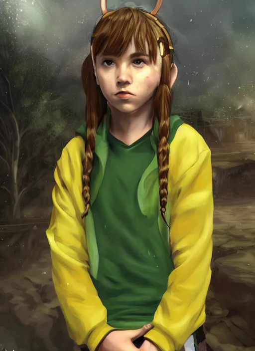 Image similar to An epic fantasy comic book style portrait painting of a young green-eyed feminine boy, fair skin, long brown hair worn in two pigtails, with his left pigtail being shorter than his right, he wears a yellow hoodie with a grey undershirt, unreal 5, DAZ, hyperrealistic, octane render, cosplay, RPG portrait, dynamic lighting, intricate detail, cinematic!!!