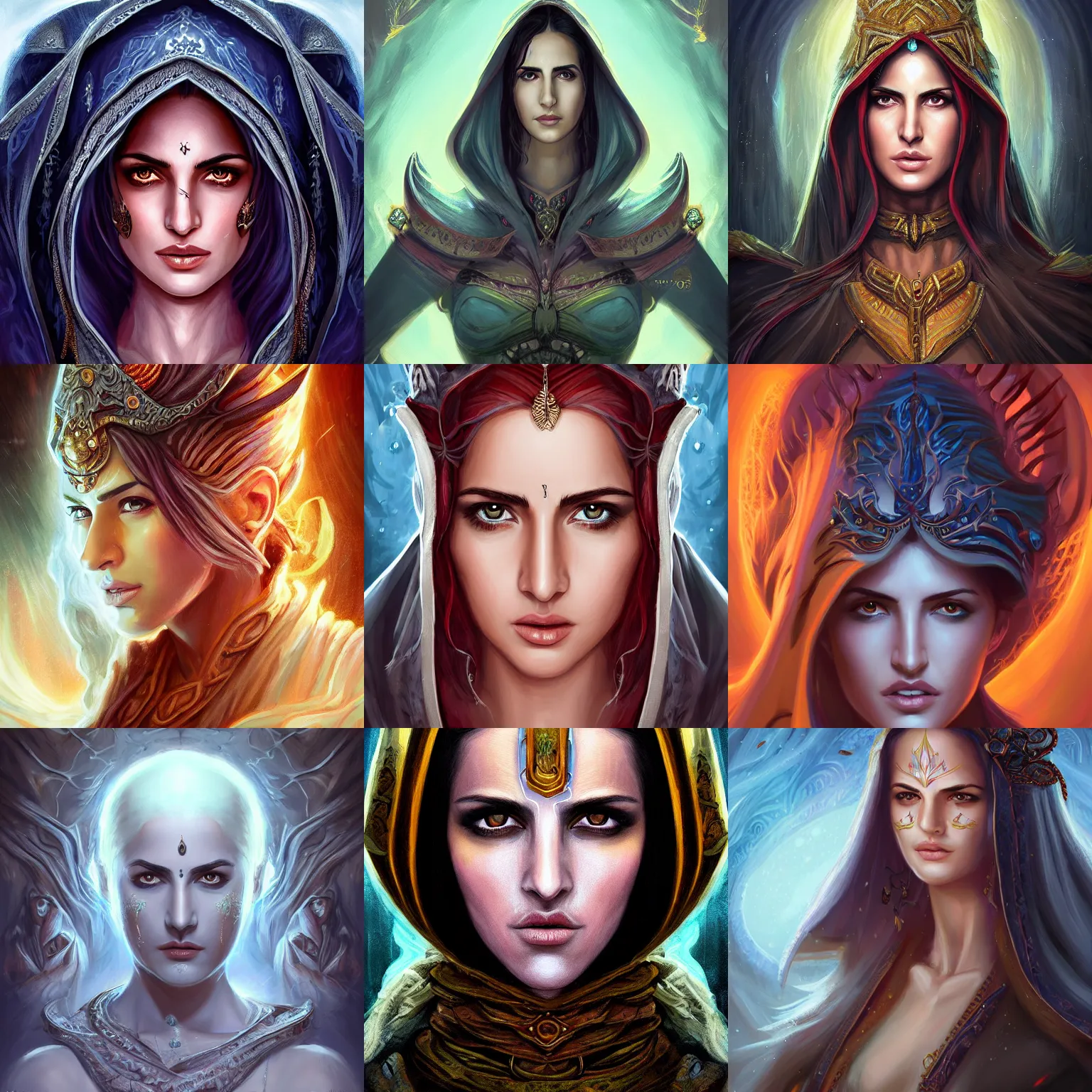 Prompt: head-on centered symmetrical painted portrait, Katrina Kaif as a D&D Storm Sorcerer, hood, intricate fantasy robes, fantasy, intricate, elegant, highly detailed, digital painting, smooth, sharp focus, illustration, dramatic lighting, artstation, in the style of Artgerm and Anna Podedworna and Alex Ross