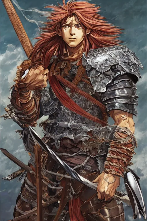 Image similar to A realistic anime portrait of a young handsome male barbarian with long wild hair, intricate fantasy spear, plated armor, vivid colors, colored, D&D, dungeons and dragons, tabletop role playing game, rpg, jrpg, digital painting, by Frank Frazetta and Yusuke Murata, concept art, highly detailed, promotional art, HD, digtial painting, trending on ArtStation, golden ratio, rule of thirds, SFW version