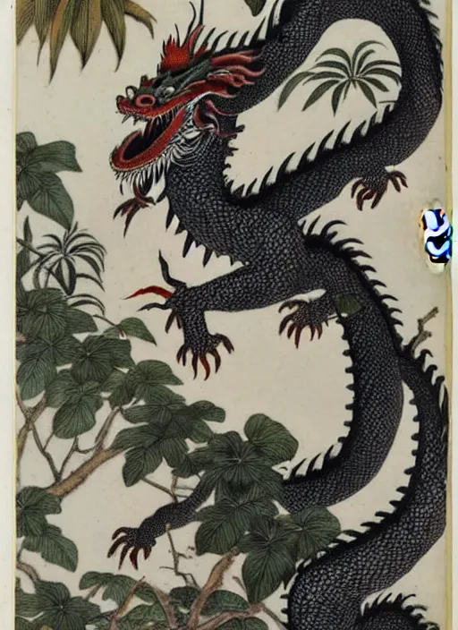 Image similar to vintage chinese dragon in a tropical forest, john james audubon, intaglio