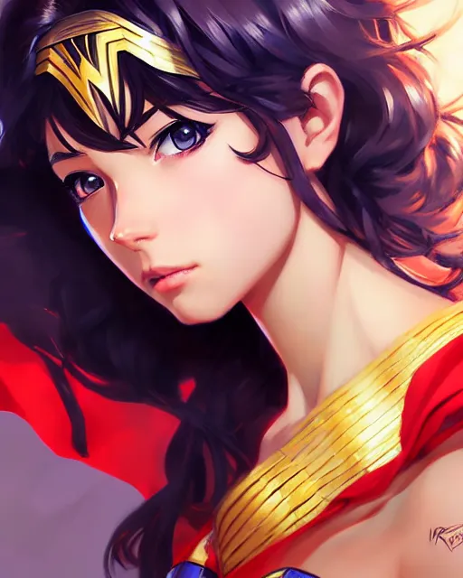 Image similar to portrait Anime as Wonderwoman girl cute-fine-face, pretty face, realistic shaded Perfect face, fine details. Anime. realistic shaded lighting by Ilya Kuvshinov Giuseppe Dangelico Pino and Michael Garmash and Rob Rey