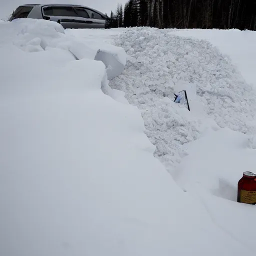 Prompt: vodka bottle buried in snow under an avalanche