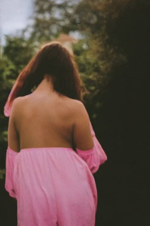 Image similar to photography, close-up of woman from behind looking at weird pink house, daylight, 35mm