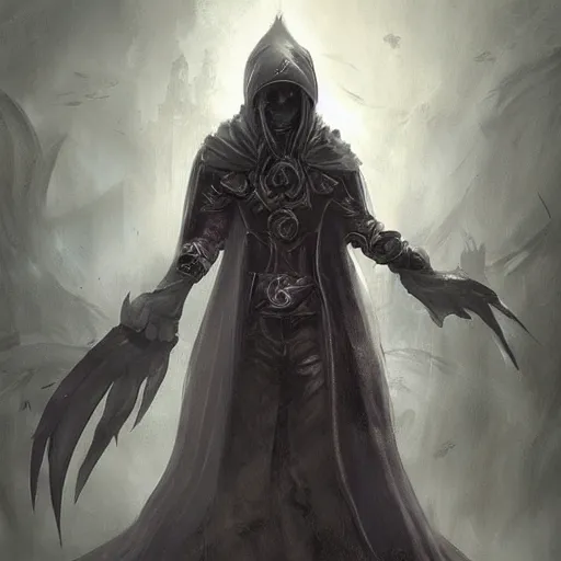 Image similar to magic the gathering character art by bastien lecouffe deharme of a eldritch warrior with a venice mask and a cloak made out of shadows and black feathers