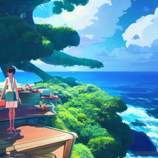 Prompt: enjoying the holidays in seychelles in 2 0 5 0!!, detailed, cory loftis, james gilleard, atey ghailan, makoto shinkai, goro fujita, studio ghibli, rim light, exquisite lighting, clear focus, very coherent, sea in background