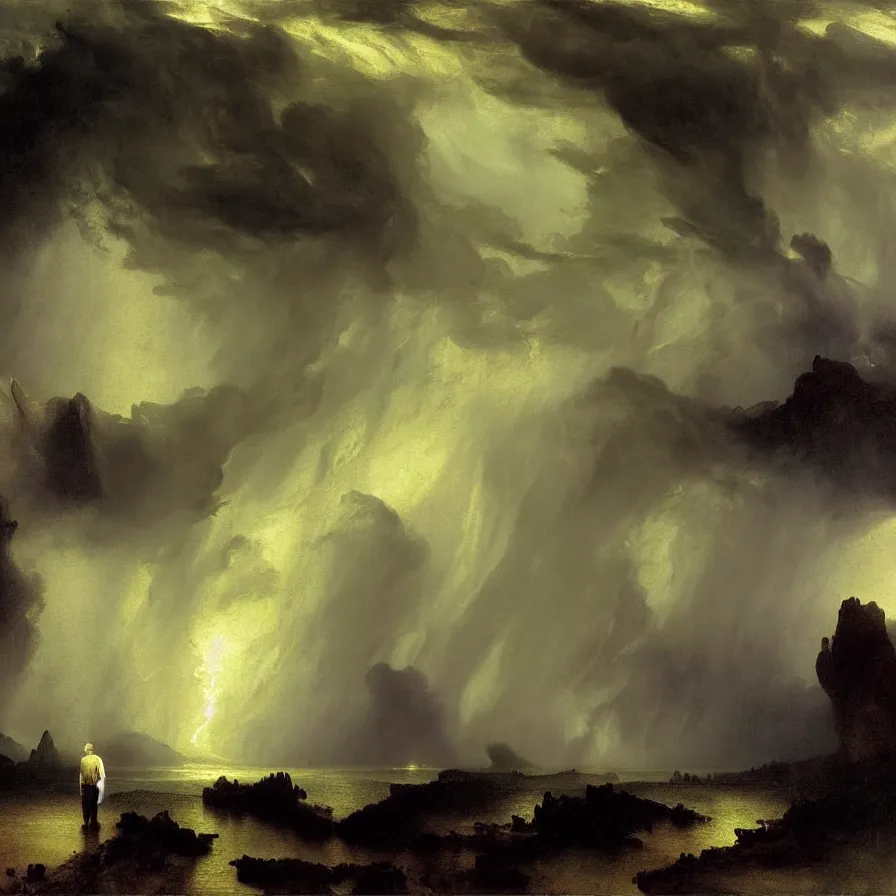 Prompt: metaphysical artwork about a lonely man during a thunderstorm, lightning and rain, painted by thomas moran and albert bierstadt. new realism. monochrome color scheme.