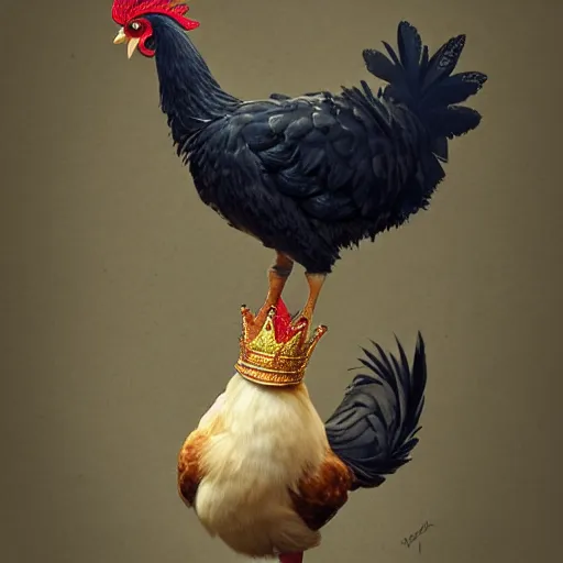 Prompt: a chicken animal wearing a small chicken-sized golden crown on its head and small royal robes clothes. By Makoto Shinkai, Stanley Artgerm Lau, WLOP, Rossdraws, James Jean, Andrei Riabovitchev, Marc Simonetti, krenz cushart, Sakimichan, trending on ArtStation, digital art. Animal photo.