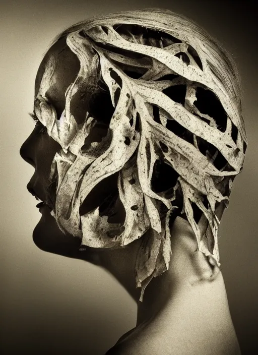 Image similar to a woman's face in profile, made of leaf skeleton, in the style of the Dutch masters and Gregory Crewdson, dark and moody