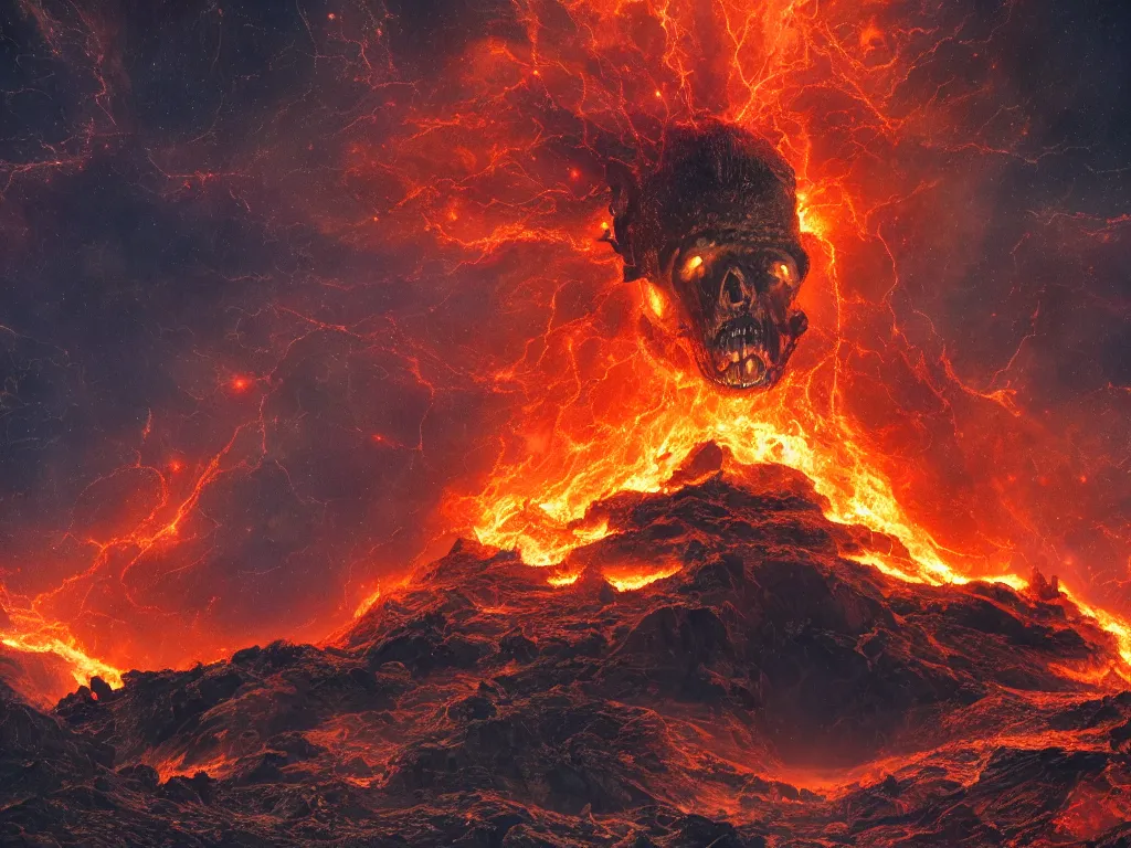 Image similar to An epic cosmic horror atop a fiery mountain, dark, red lightning, 8K High Definition