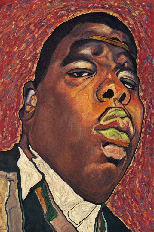 Image similar to a portrait of biggie smalls in style of egon schiele, masterpiece, hyperdetailed, complex, intricate, old school, 9 0 s, notorious b. i. g. style, 4 k, trending on artstation