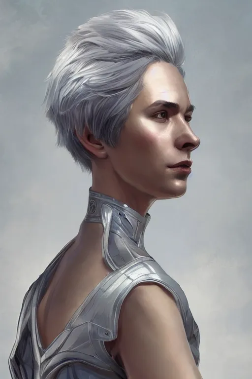 Prompt: science-fiction character portrait of Victor Nikiforov, short silver hair, tall, elegant, highly detailed, digital painting, artstation, upper body, concept art, smooth, sharp focus, illustration, art by artgerm and greg rutkowski and alphonse mucha