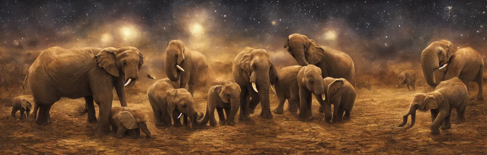 Image similar to two adult elephants and a baby elephants sleeping soundly under a starry sky, small group, surrounded by savannah, illustration, detailed, smooth, soft, warm, by Adolf Lachman, Shaun Tan, Surrealism