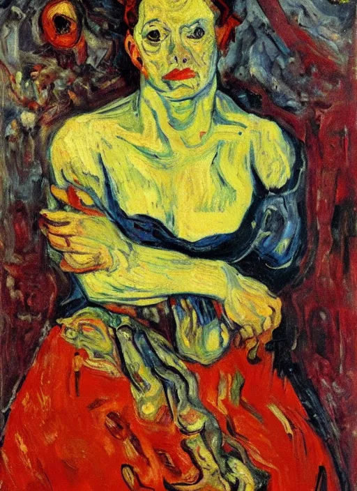 Image similar to an oil painting of a woman looking distressed, intense eyes, in a red dress posing with meat in expressive style of Van Gogh, Chaim Soutine and Frank Auerbach, complimentary palette of maroon alizarin and dark gray greens