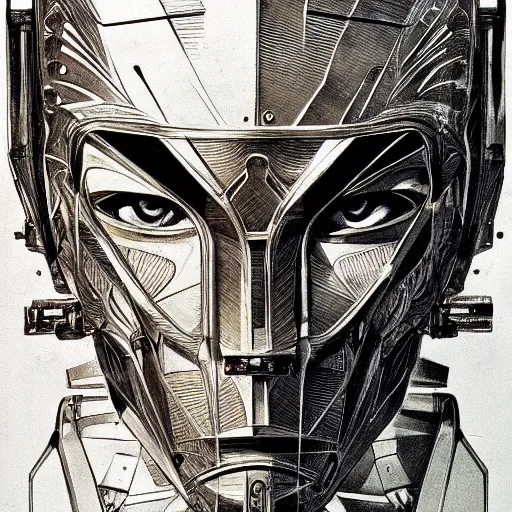 Prompt: an intricate, detailed ink sketch of the face of a robot, metal skin with some scratches, dramatic lighting, art nouveau, by Syd Mead