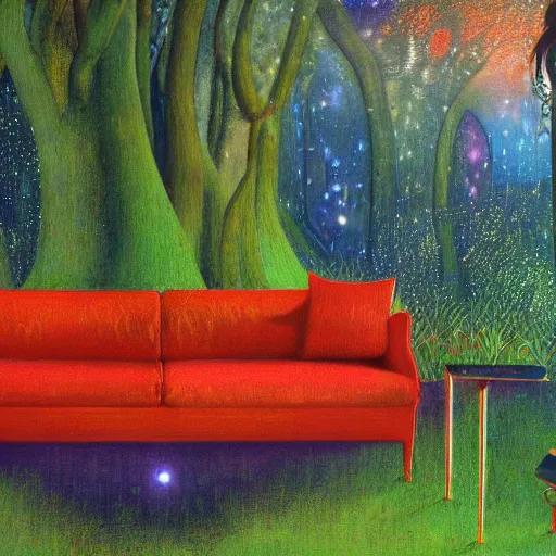 Image similar to psychedelic couch sofa in the lush forest, milky way, designed by arnold bocklin, jules bastien - lepage, tarsila do amaral, wayne barlowe and gustave baumann, cheval michael, trending on artstation, mediterranean, star, sharp focus, colorful refracted sparkles and lines, soft light, 8 k 4 k