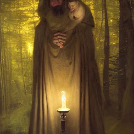 Prompt: detailed and oil painting, hyper realistic | cinematic lighting, award - winning | the robed hermit leans with his lamp upon the abyss of the dark well in the misty forest | by henry fuseli, by gustav klimt, by william waterhouse and tom bagshaw | trending on artstation, cgsociety, official art, octane.