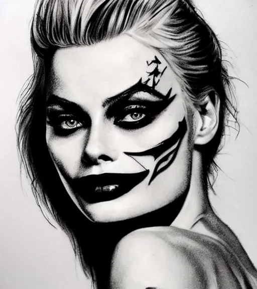 Image similar to tattoo design sketch of beautiful margot robbie portrait with joker makeup, in the style of den yakovlev, realistic face, black and white, realism tattoo, hyper realistic, highly detailed