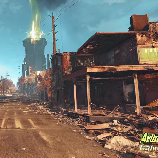 Image similar to tornado in tornado alley, town in ruins post - nuclear war in fallout 4, in game screenshot