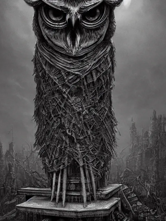 Image similar to a beautiful hyper realistic detailed matte painting showing an old totem of the old owl, a strange and oppressing statue who seems to intensely watch you, lovecraftian style, dramatic lighting, dynamic lighting, cinematic lighting, by maurits cornelis escher, black and white, featured on artstation