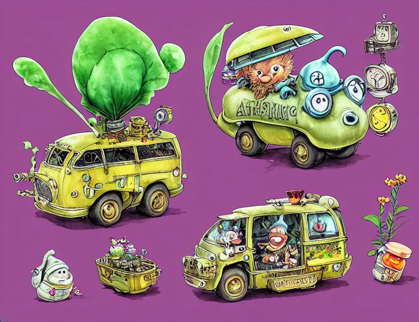 Image similar to cute and funny, a garden gnome driving a steampunk bus, ratfink style by ed roth, centered award winning watercolor pen illustration, isometric illustration by chihiro iwasaki, edited by range murata, tiny details by artgerm and watercolor girl, sharply focused