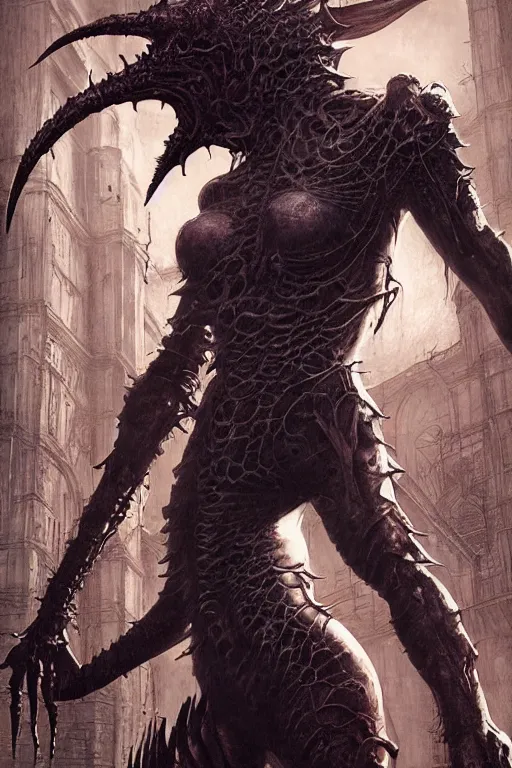 Image similar to portrait of claudia black by hr giger, greg rutkowski and wayne barlowe as a diablo, resident evil, dark souls, bloodborne monster