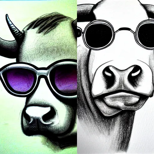 Prompt: portrait cute bull in sunglasses, realistic, ink, line drawing, sketch, fineart