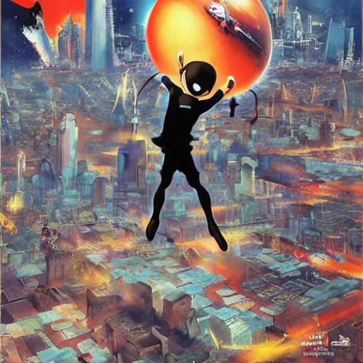 Image similar to award winning art of Astro Boy Demon nº625 Manga cover with an illustration of astroboy flying over a big messy matte painted city, bird eyes view of the city, full of japanese signs, Ashley wood oil painting, dynamic composition, printed on paper