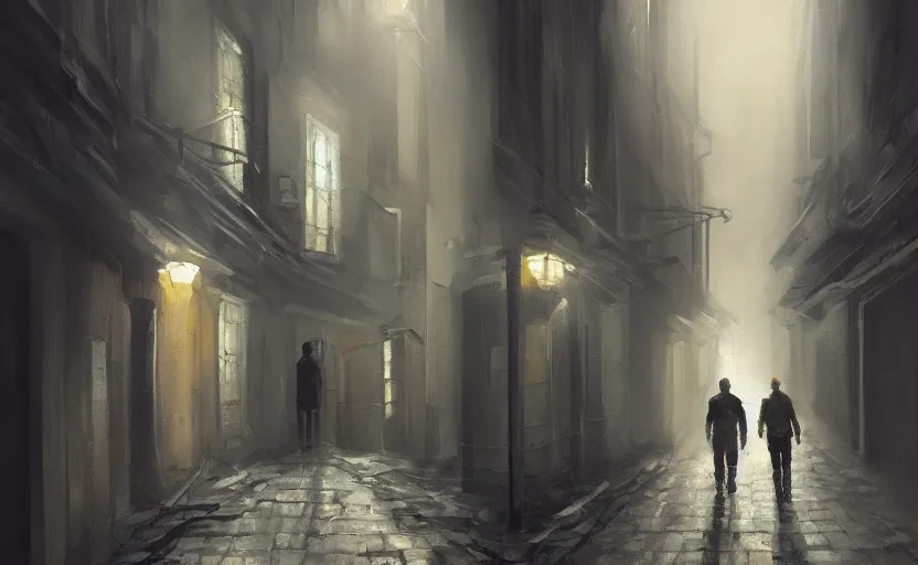 Image similar to dim lit, dark alley street with a man walking, depth of field, very atmospheric, painting inspired from artstation