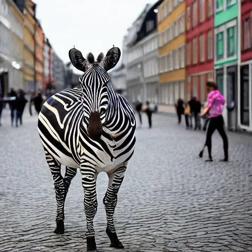 Prompt: zebra with sparkling make - up walking a catwalk in copenhagen