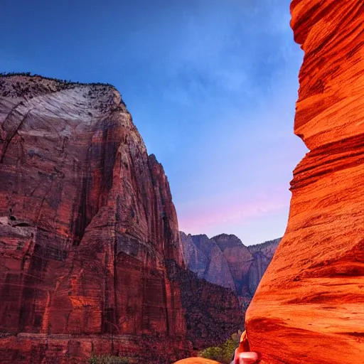 Image similar to award winning cinematic still of teenager boy praying in zion national park, rock formations, colorful sunset, epic, cinematic lighting, dramatic angle, heartwarming drama directed by Steven Spielberg, highly detailed concept art, wallpaper