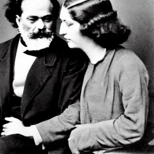 Prompt: Karl Marx and Ayn Rand kissing, portrait, photo, 1920