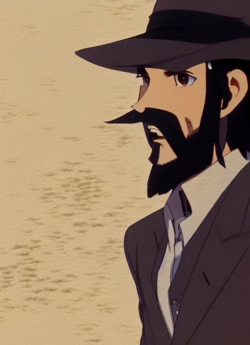 Image similar to a film still portrait of a 1 9 7 0's jigen, finely detailed features, closeup at the face, perfect art, in ancient city ruins, water, sun, gapmoe yandere grimdark, trending on pixiv fanbox, painted by greg rutkowski makoto shinkai takashi takeuchi studio ghibli, akihiko yoshida,