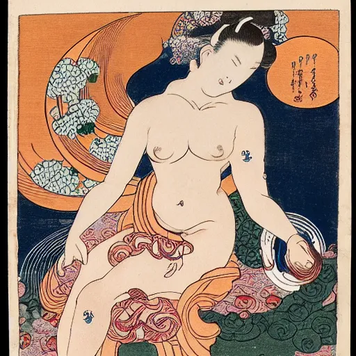 Image similar to The body art shows Venus seated on a crescent moon. She is surrounded by the goddesses Ceres and Bacchus, who are both holding cornucopias. Twitter, Corinthian architecture by Katsushika Hokusai, by Fernand Toussaint energetic, relaxed