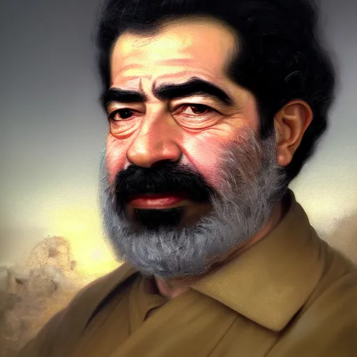 Prompt: A fantasy style portrait painting of Saddam Hussein, in the style of François Boucher, Oil Painting, hyperrealistic, render, Regal, Refined, Detailed Digital Art, RPG portrait, Michael Cheval, William-Adolphe Bouguereau, dynamic lighting, Highly Detailed, Cinematic Lighting, Unreal Engine, 8k, HD, octane render
