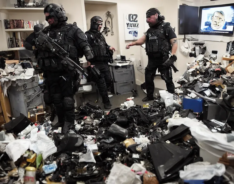 Image similar to SWAT Police group raiding Alex Jones in his INFOWARS studio surrounded by trash and herbal supplements and rubbish and broken camera TV equipment, Alex Jones is very angry, smoke and gas, dramatic press photo