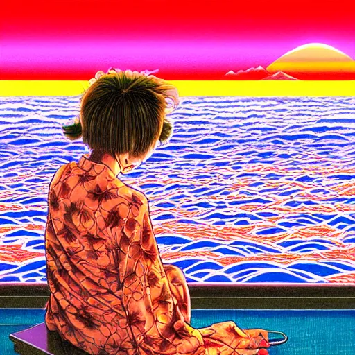 Image similar to colorful illustration of japan sunset, by hajime sorayama and hasui kawase and junji ito