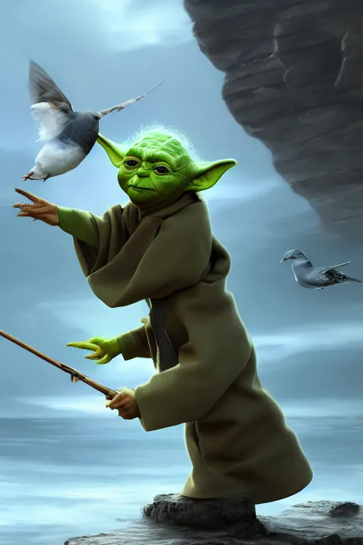 Image similar to Yoda smacking a seagull with a stick, hyperdetailed, artstation, cgsociety, 8k