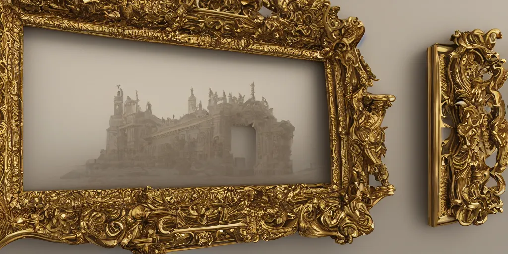 Image similar to 3 d octane render ultra photorealistic hyper detailed front view of a baroque picture frame