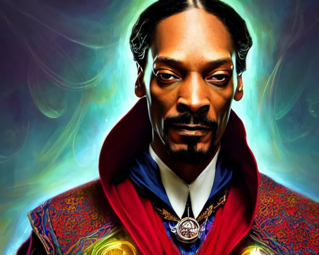 Image similar to snoop dogg doctor strange, refractions, fantasy, intricate, elegant, highly detailed, digital painting, artstation, concept art, matte, sharp focus, illustration, hearthstone, art by artgerm and greg rutkowski and alphonse mucha