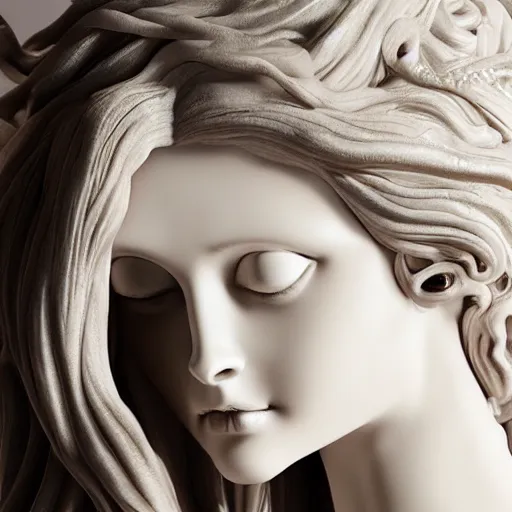 Prompt: female medusa long hair, open eyes, marble statue, beautiful delicate face, macro shot head, light realistic water sapphire eyes